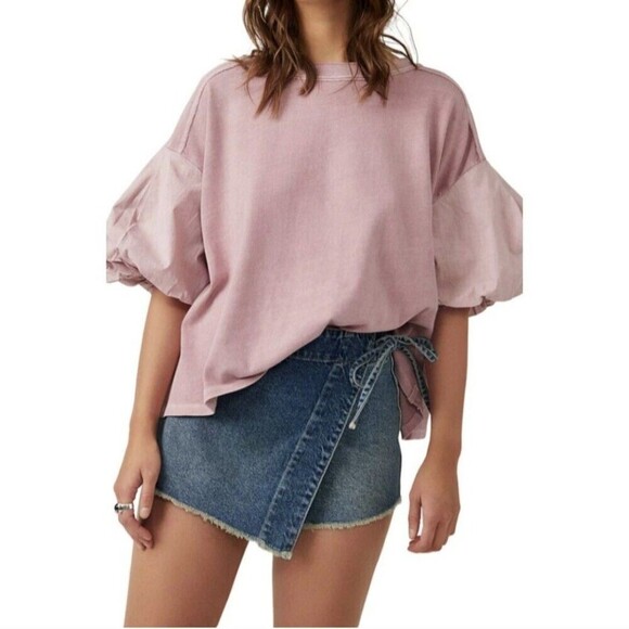Free People Blossom Tee Mauve Pink Puff Sleeve Oversized Cotton Cottage Boho S - Picture 1 of 12